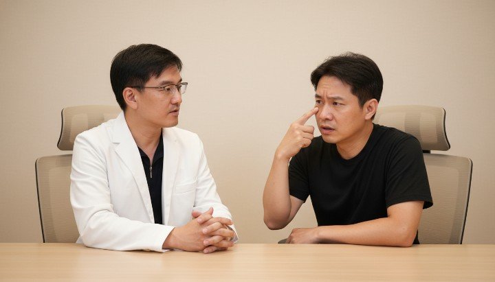 [改善淚溝] 吳紹琥醫師於診間為患者改善淚溝 [改善淚溝] 展示分層治療如何有效改善淚溝結構 [改善淚溝] 自然明亮眼神是改善淚溝的最終目標 [改善淚溝] 透過專業技術客製化方案改善淚溝