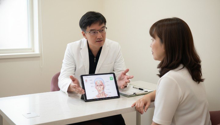 吳紹琥醫師正在進行醫學美容諮詢評估 醫學美容諮詢中確認儀器是否為原廠正貨 患者與醫師透過醫學美容諮詢溝通術後期望 專業醫療團隊於診所提供醫學美容諮詢服務