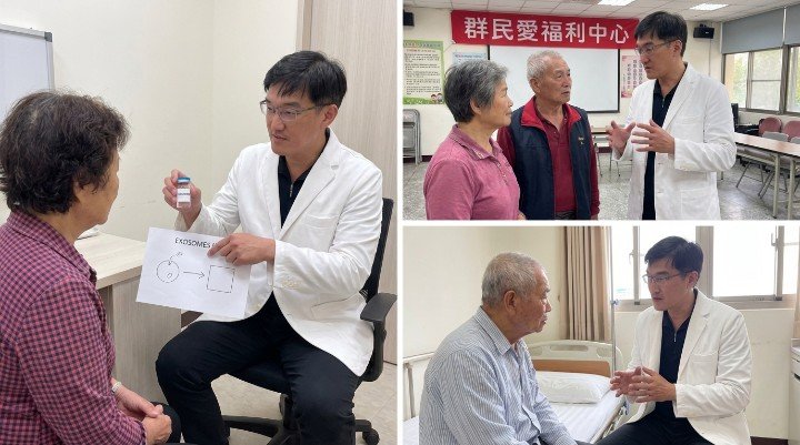 吳紹琥醫師正在診間講解外泌體科學 顯微鏡下的微小囊泡與外泌體科學研究 細胞間傳遞修復訊號展現外泌體科學機制 臨床醫學應用在修復療程的外泌體科學