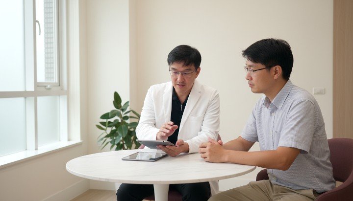 穿著白袍的醫師講解運動基因檢測圖表 實驗室人員正在分析運動基因檢測樣本 健身房內民眾參考運動基因檢測結果訓練