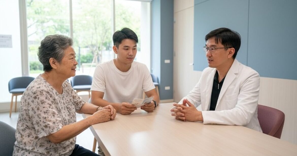 一位醫生正在解釋咖啡依賴與疲勞的關聯，燈光明亮，背景為醫療診所