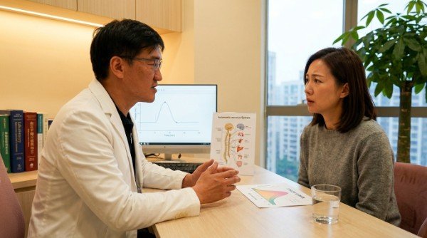 專業醫師在植髮門診為患者解說治療程序，強調植髮門診與落髮治療的比較。